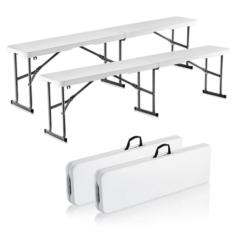 VEVOR 6ft plastic folding bench in white offers quick outdoor seating.