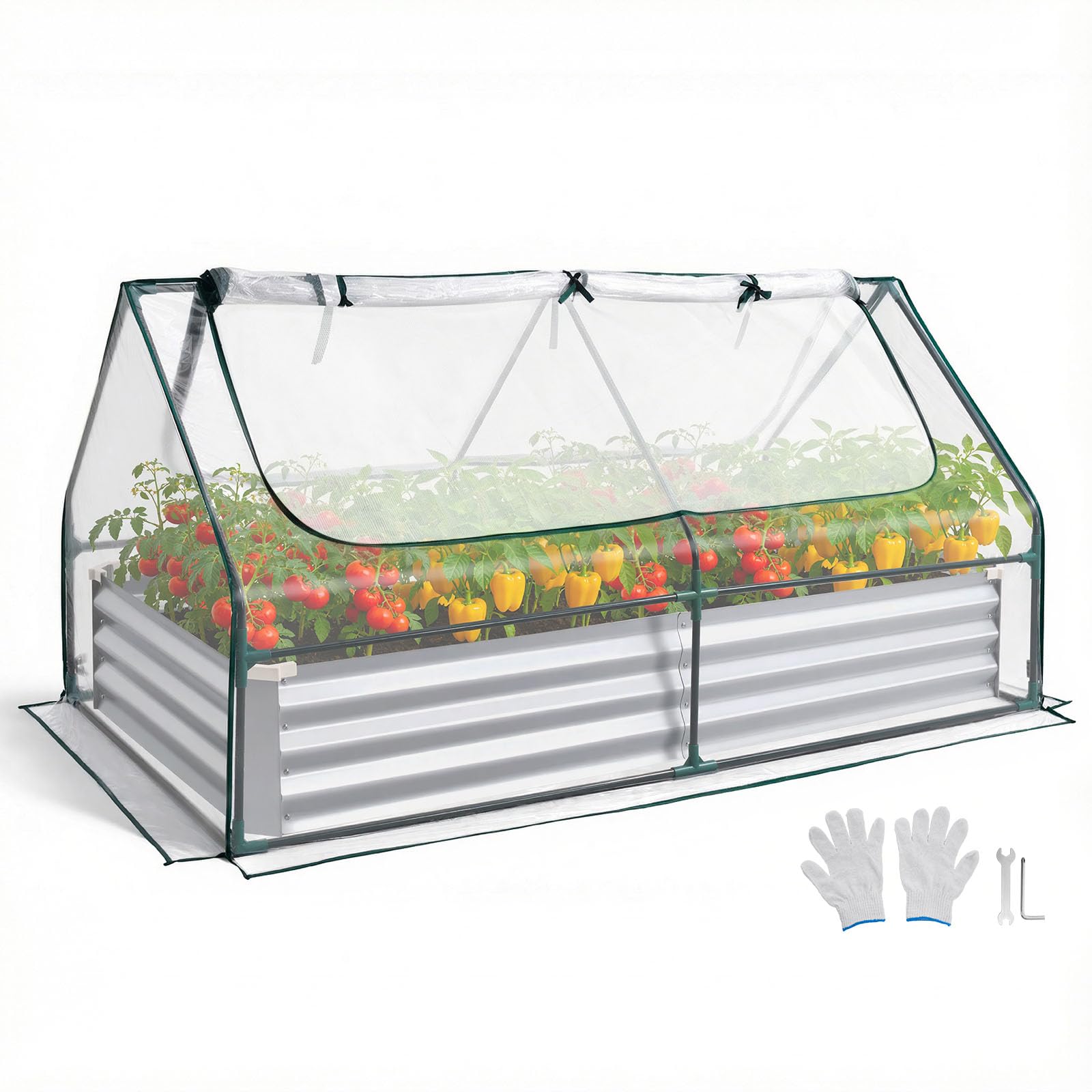 VEVOR 6x3x1FT metal raised garden bed with greenhouse cover ready for vegetables and flowers outdoors.
