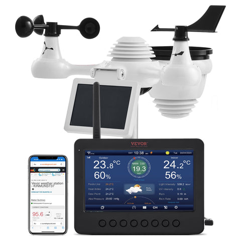 VEVOR 7-in-1 weather station display close-up shows temperature and wind data for planning outdoor activities.
