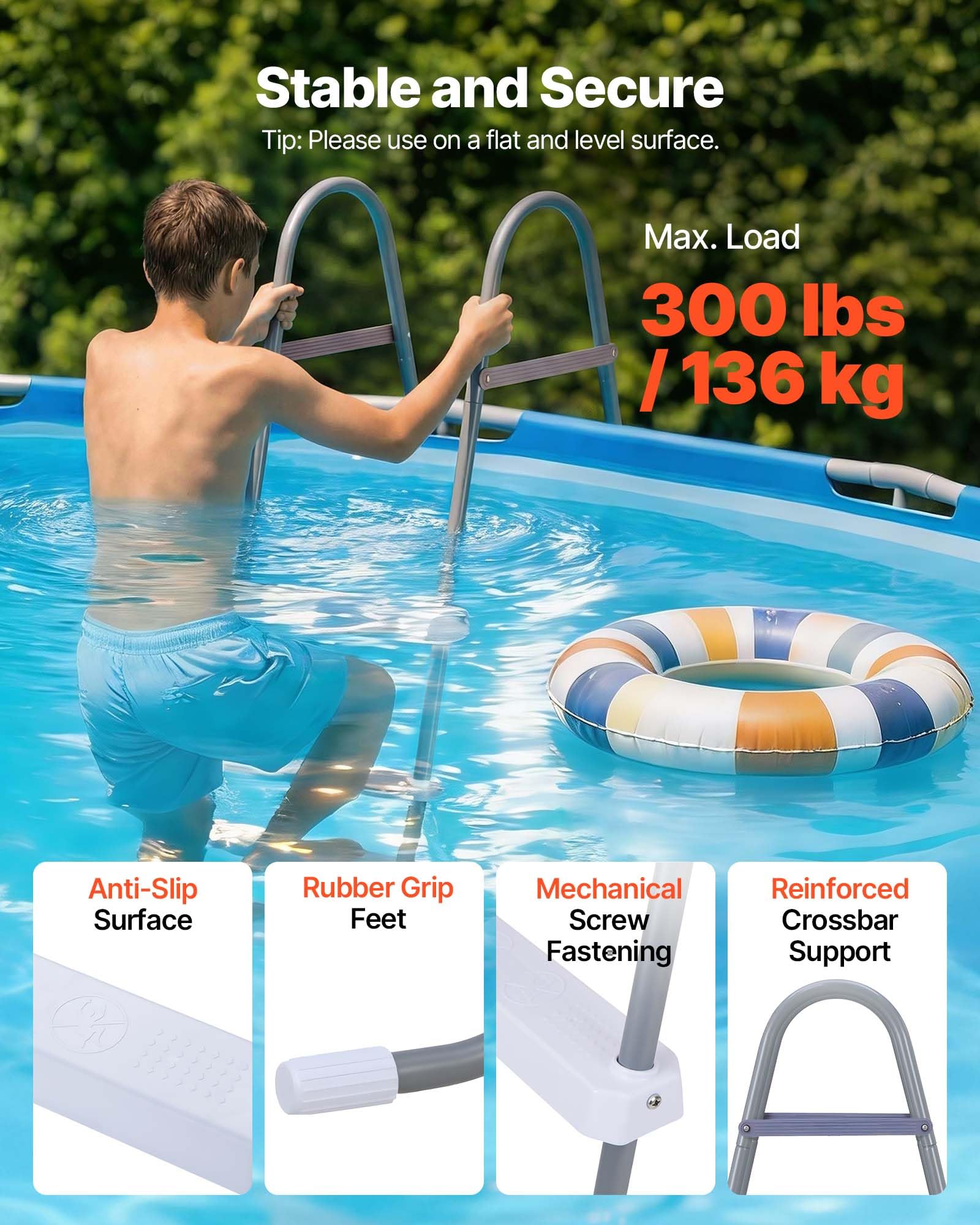 VEVOR A-frame ladder side view in gray and white for stable pool access.