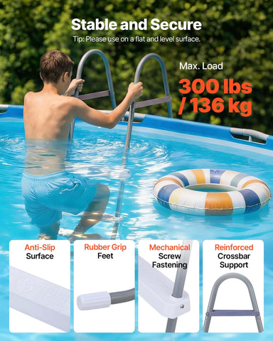 VEVOR A-frame ladder side view in gray and white for stable pool access.
