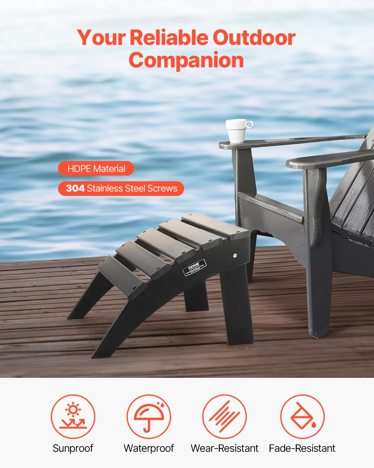 VEVOR Adirondack Ottoman weather-resistant design offers long-lasting durability against sun and rain.