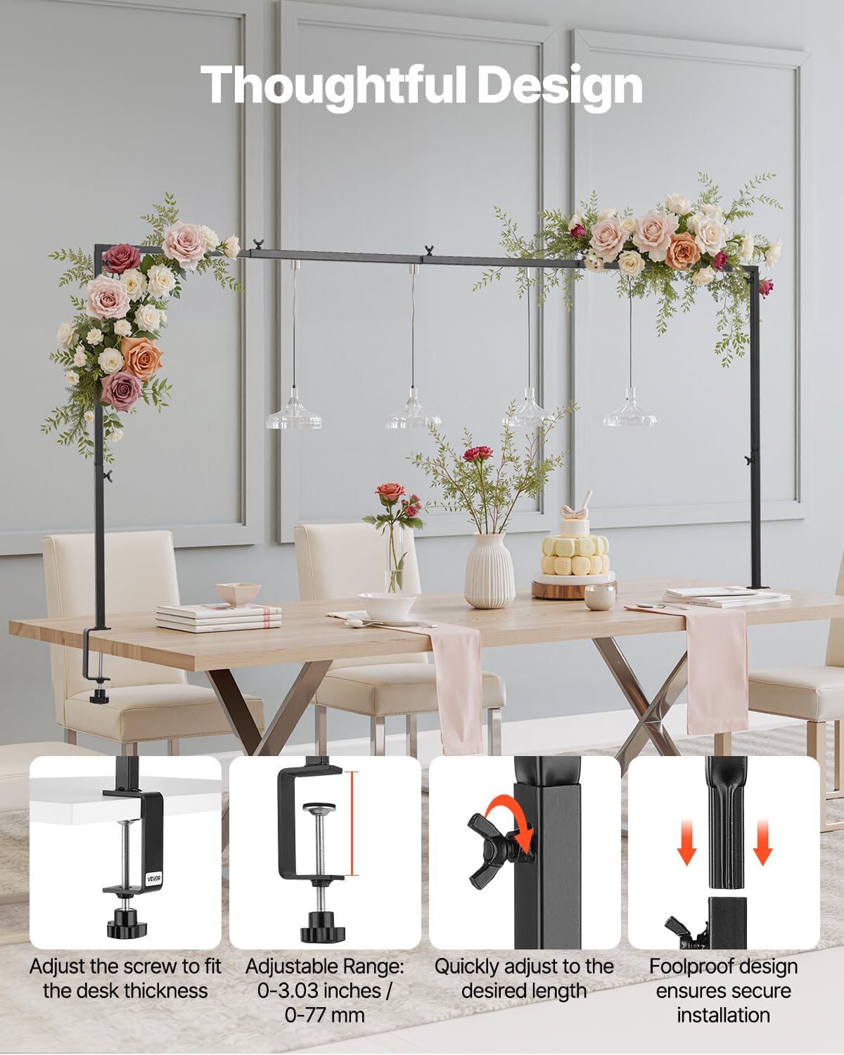 VEVOR adjustable height options on display for various tables
