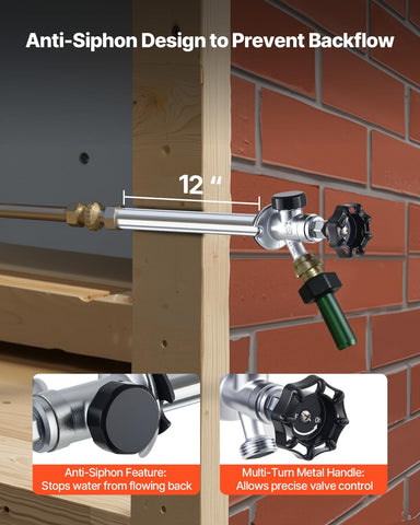 VEVOR anti-siphon brass valve detail highlighting backflow protection