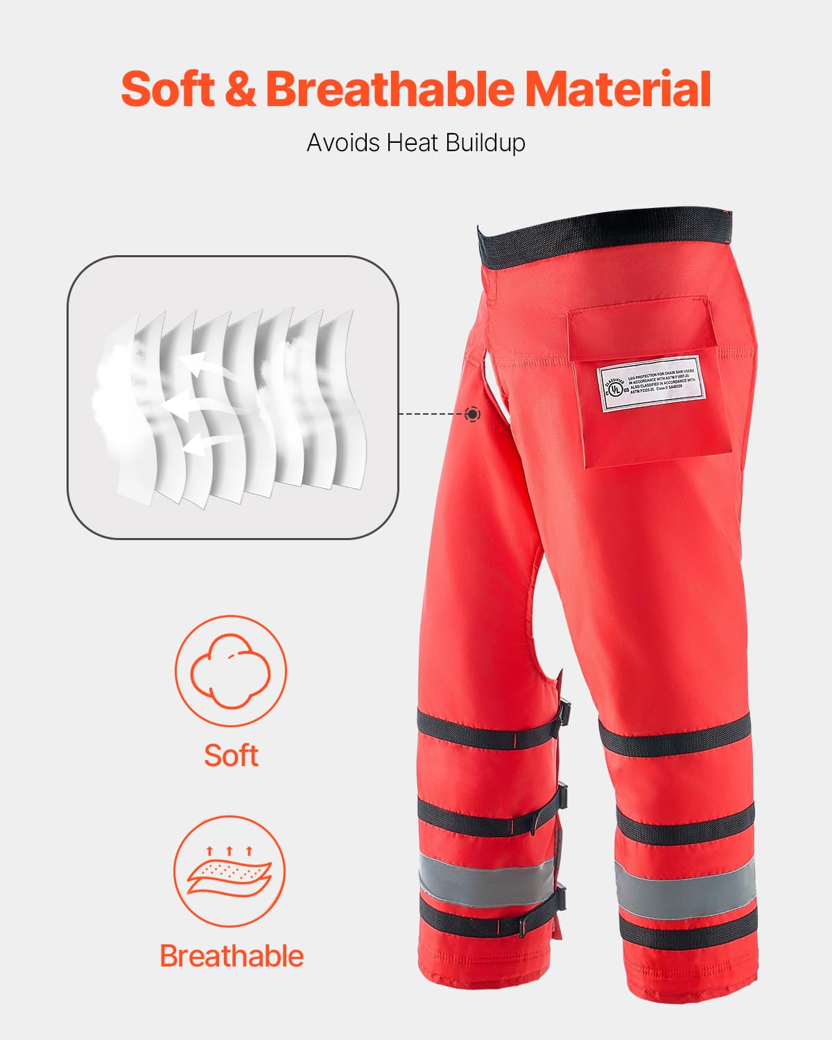 Soft inner cushioning layer visible on VEVOR chaps for long shift comfort