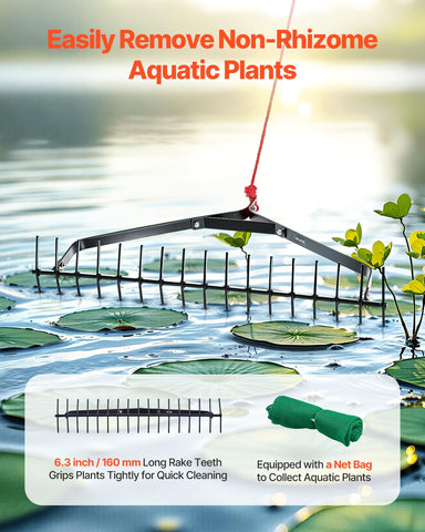 VEVOR weed rake with a 30 ft rope covers large pond areas.