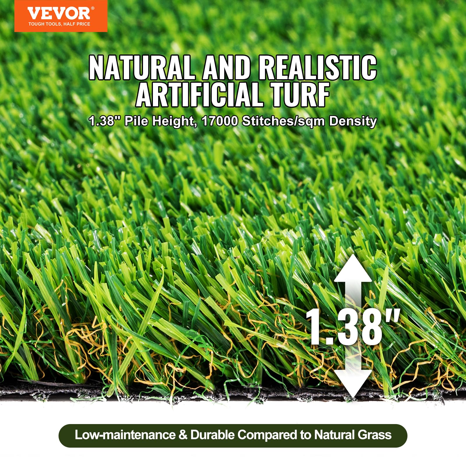 VEVOR turf with 1.38-inch pile delivers soft, realistic feel underfoot.