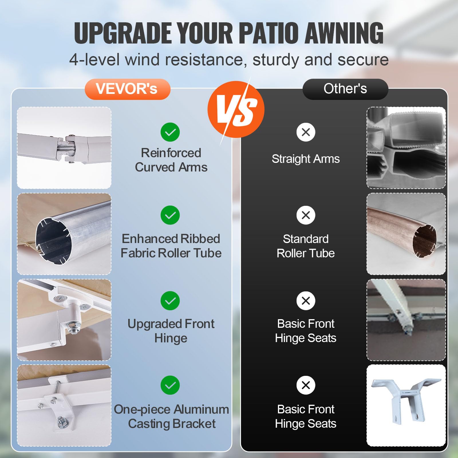 Waterproof PU-coated fabric on the VEVOR awning for outdoor longevity.