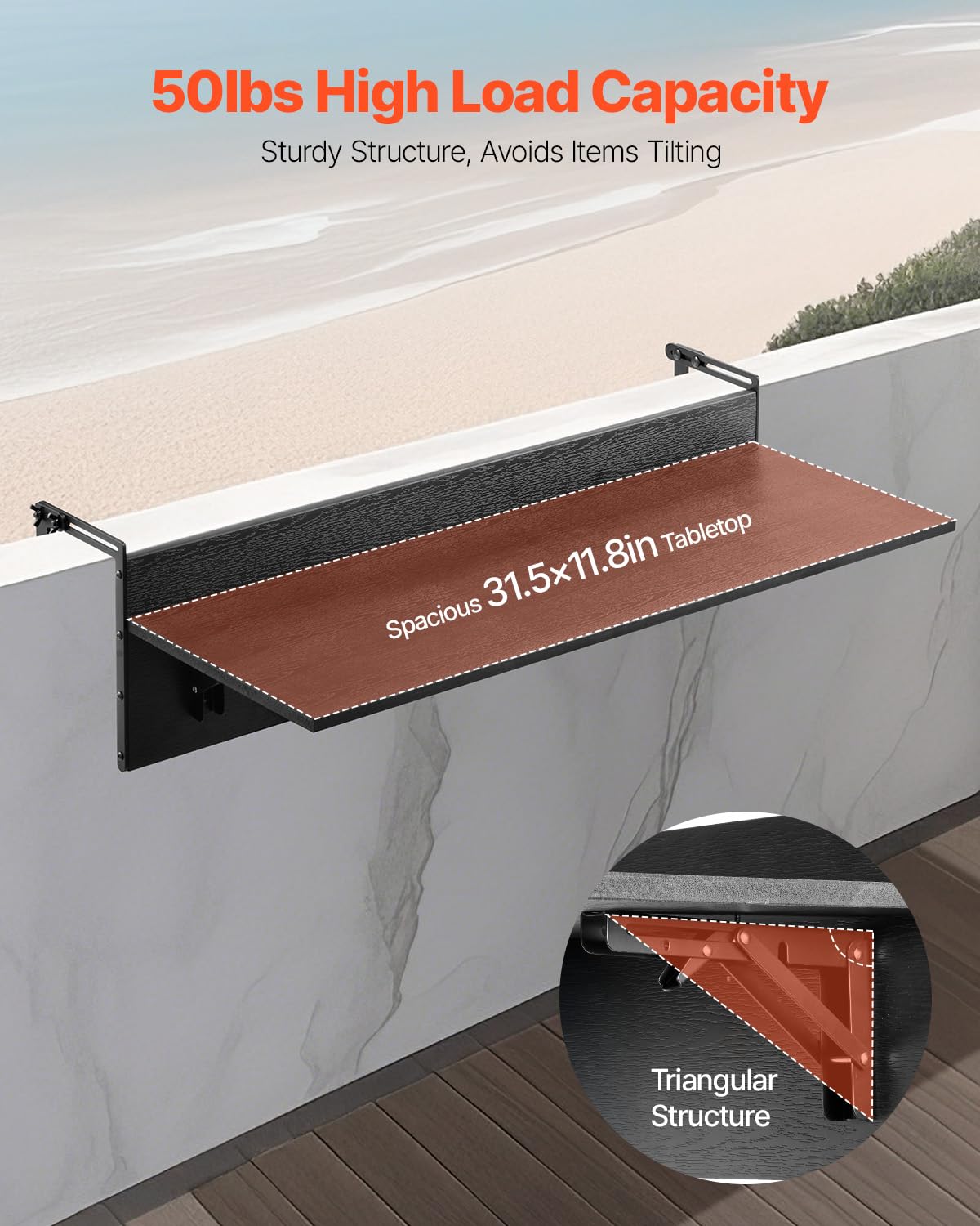 VEVOR balcony hanging table compatible with square, round, tile, and wood rails