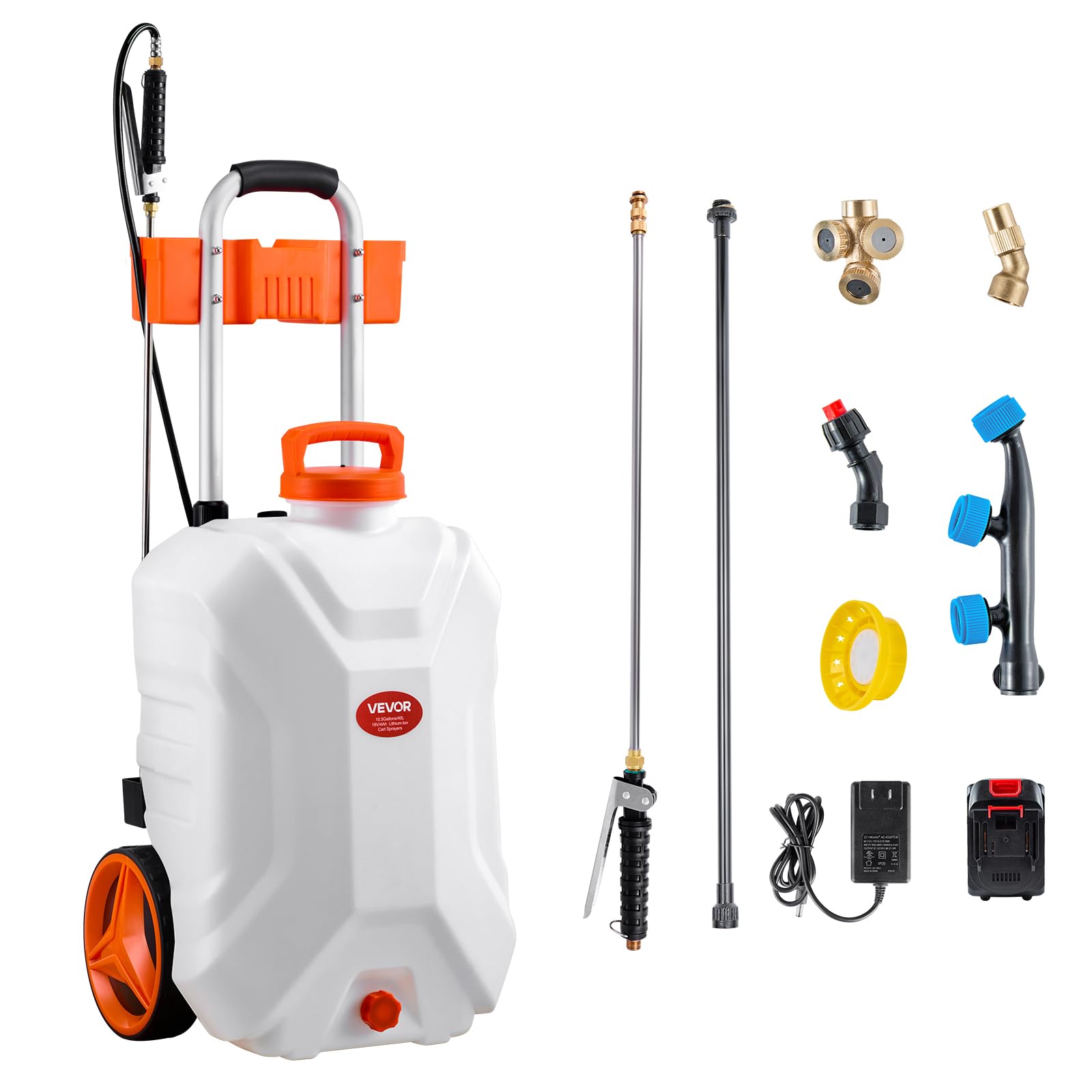 VEVOR battery-powered sprayer with 10-gallon wheeled cart for efficient garden spraying.