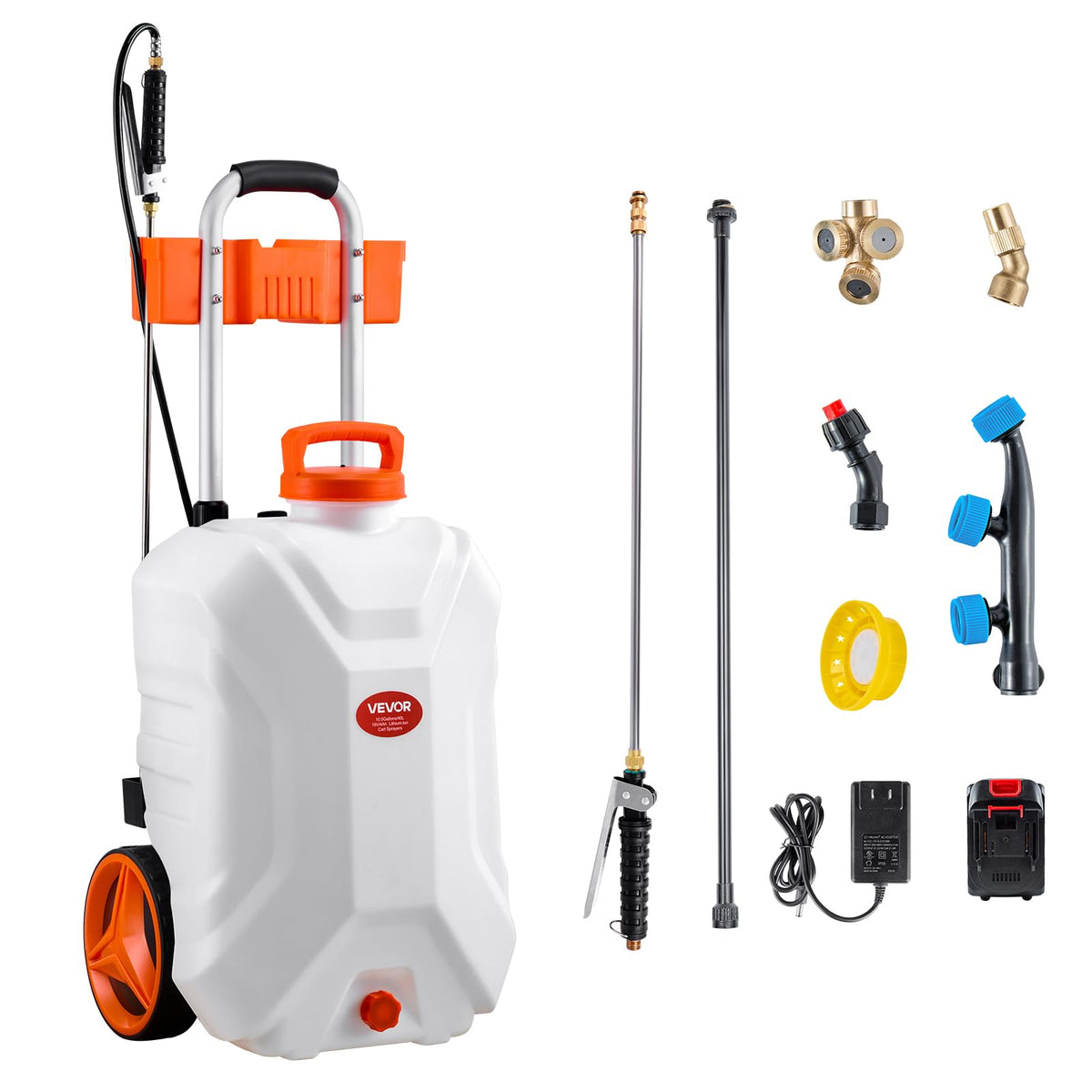 VEVOR battery-powered sprayer with 10-gallon wheeled cart for efficient garden spraying.
