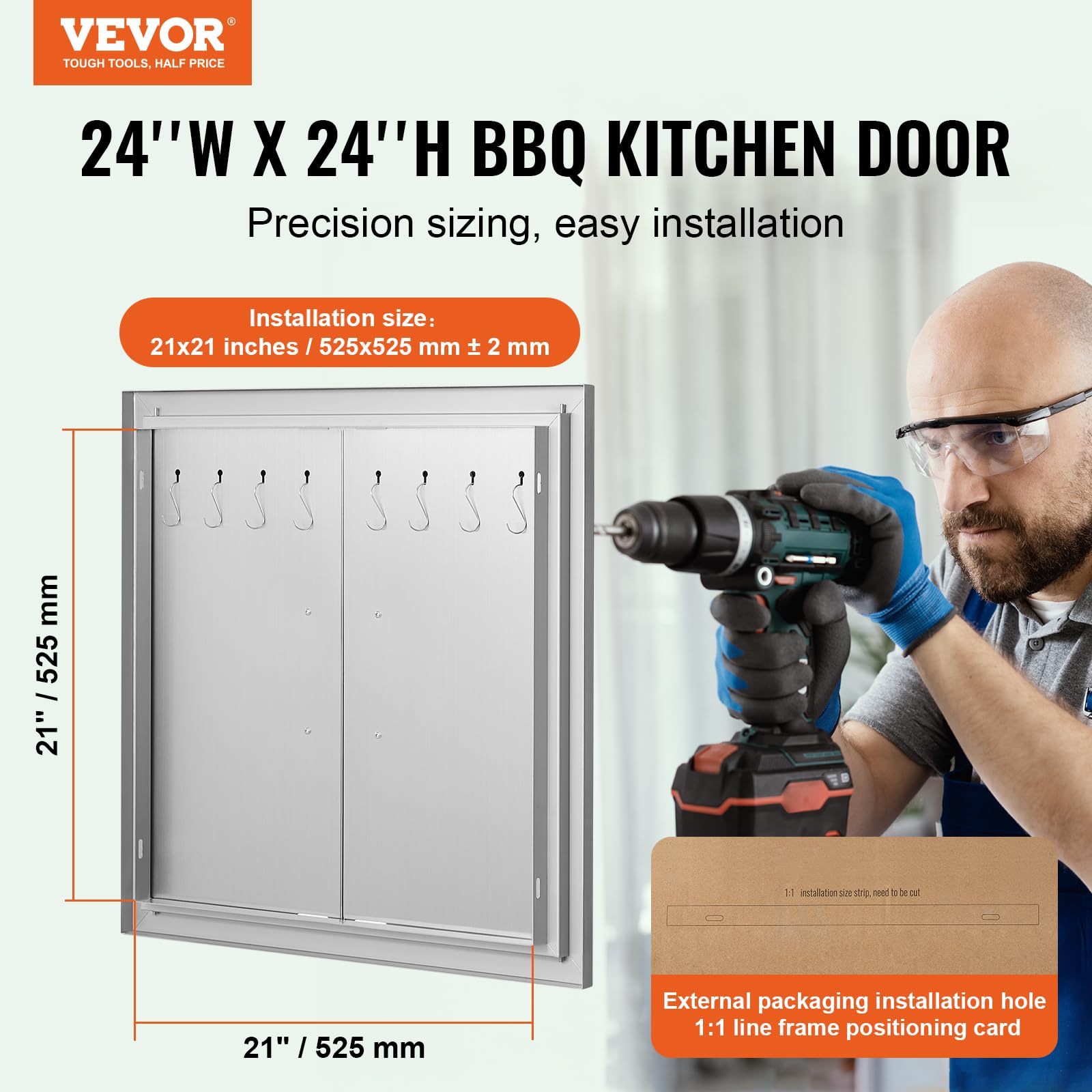 VEVOR BBQ access door left-side view shows reversible hinge for flexible mounting.