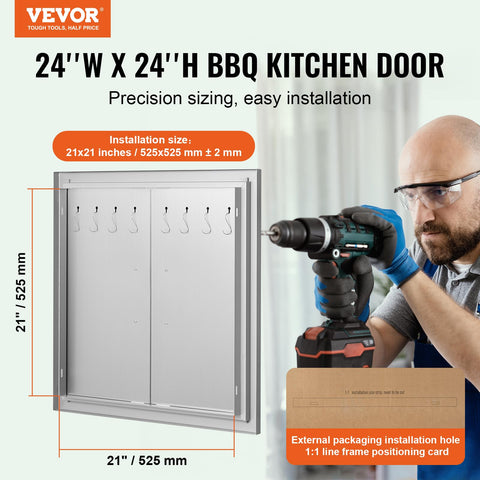 VEVOR BBQ access door left-side view shows reversible hinge for flexible mounting.