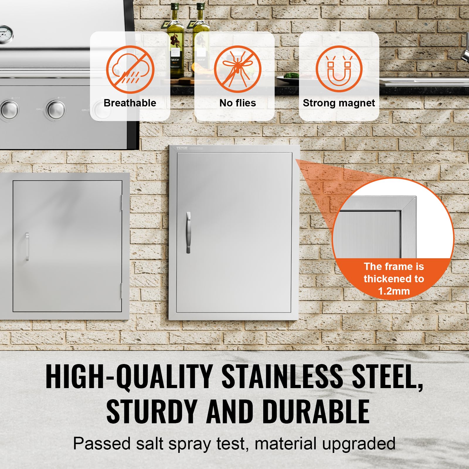 VEVOR BBQ access door frame close-up with seamless stainless edges.