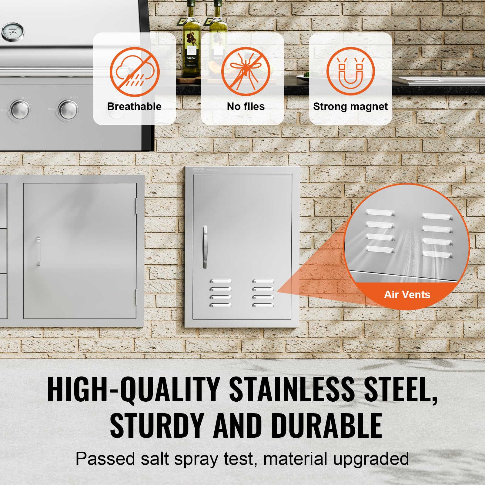 VEVOR BBQ access door left-side angle emphasizing smooth handle.