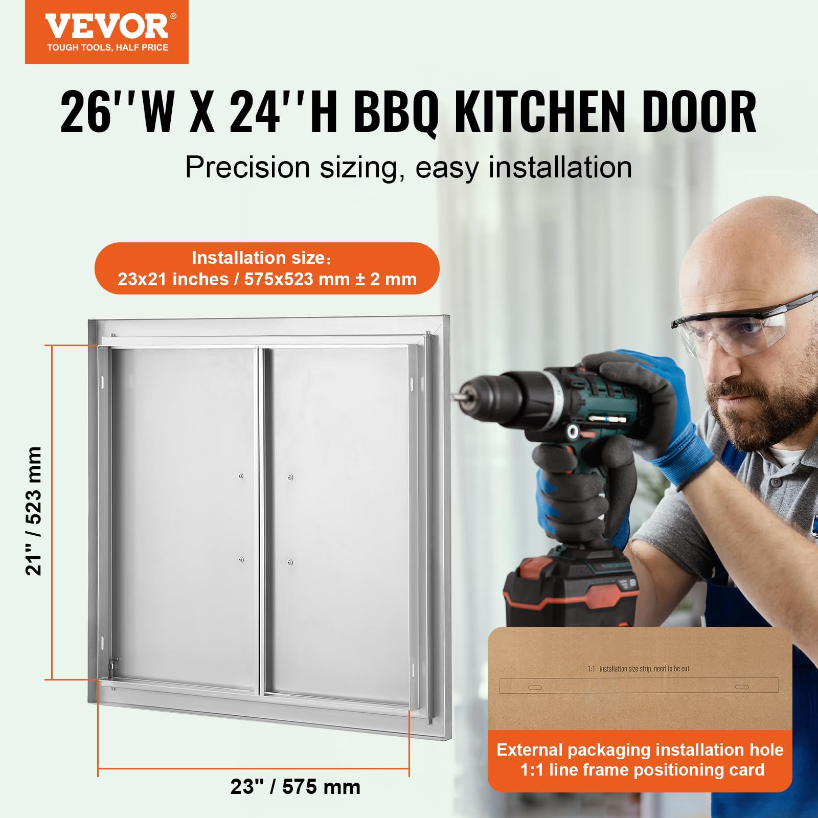 VEVOR BBQ access door side view demonstrates flush installation with outdoor cabinetry.
