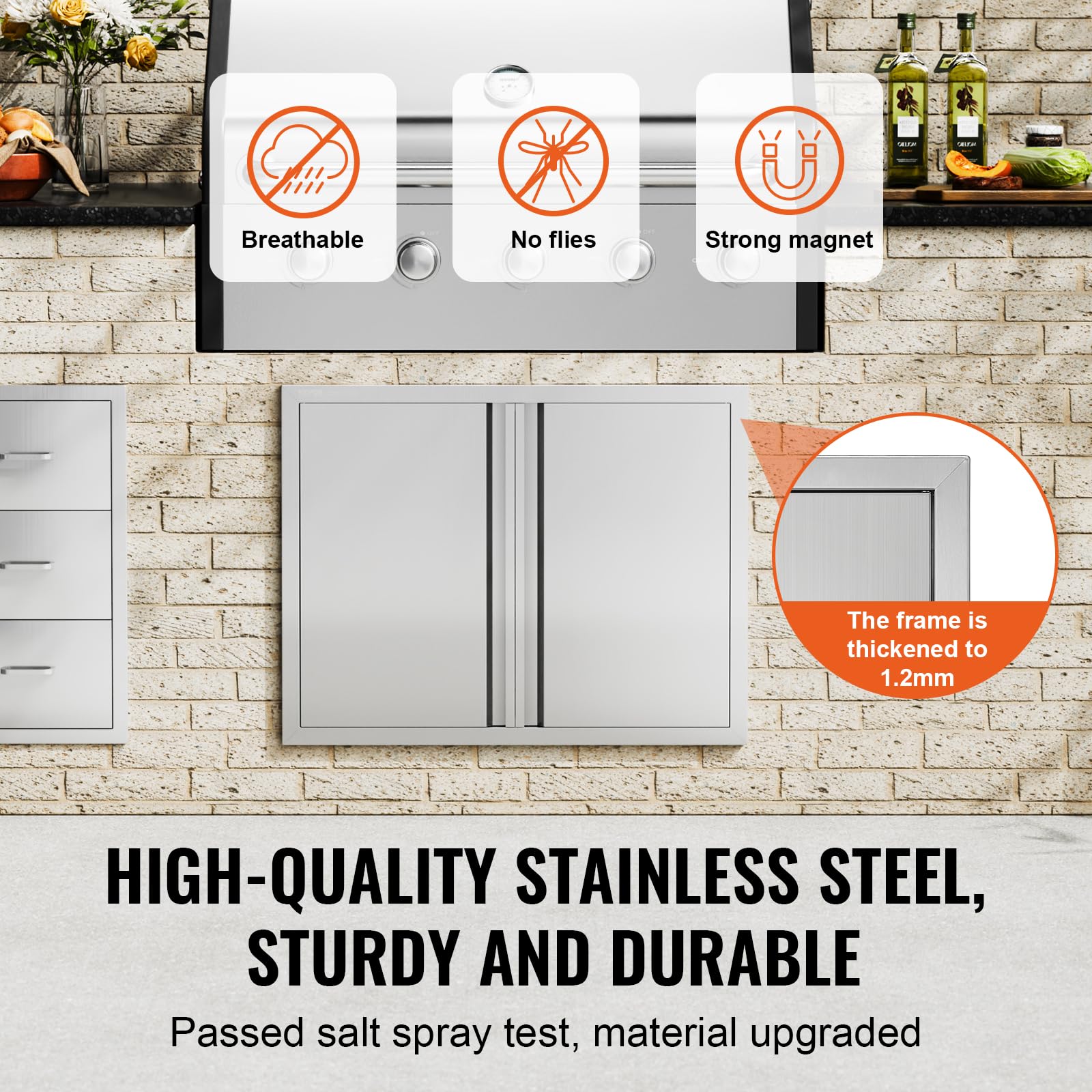 VEVOR BBQ Access Door stainless steel construction emphasizing rust-proof durability in all weather