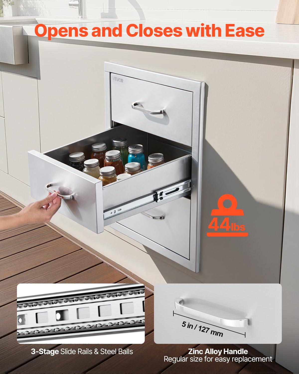 VEVOR BBQ island drawer installed, secure heavy-duty storage beside grill.