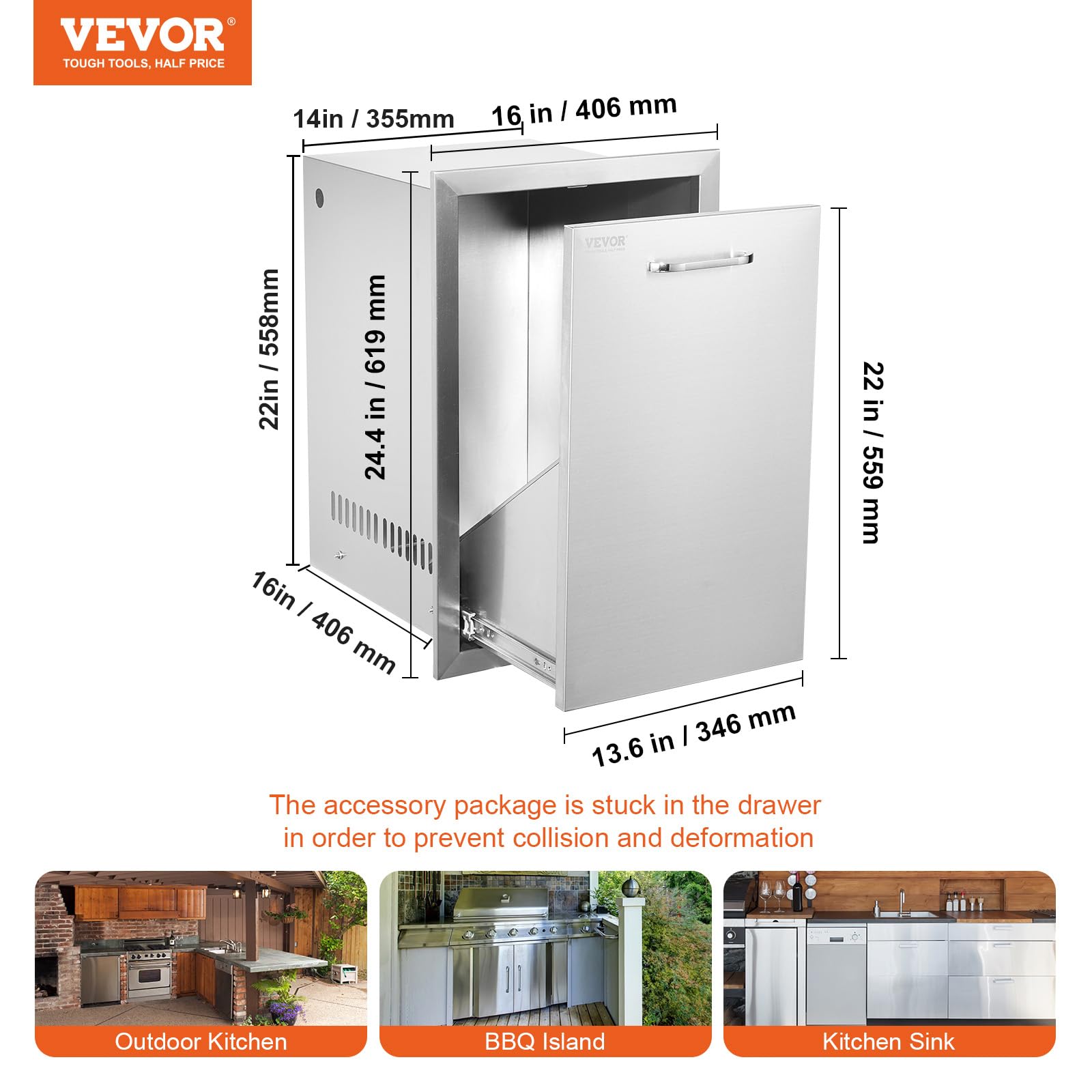 VEVOR BBQ island drawer keeps trash organized during outdoor grilling.
