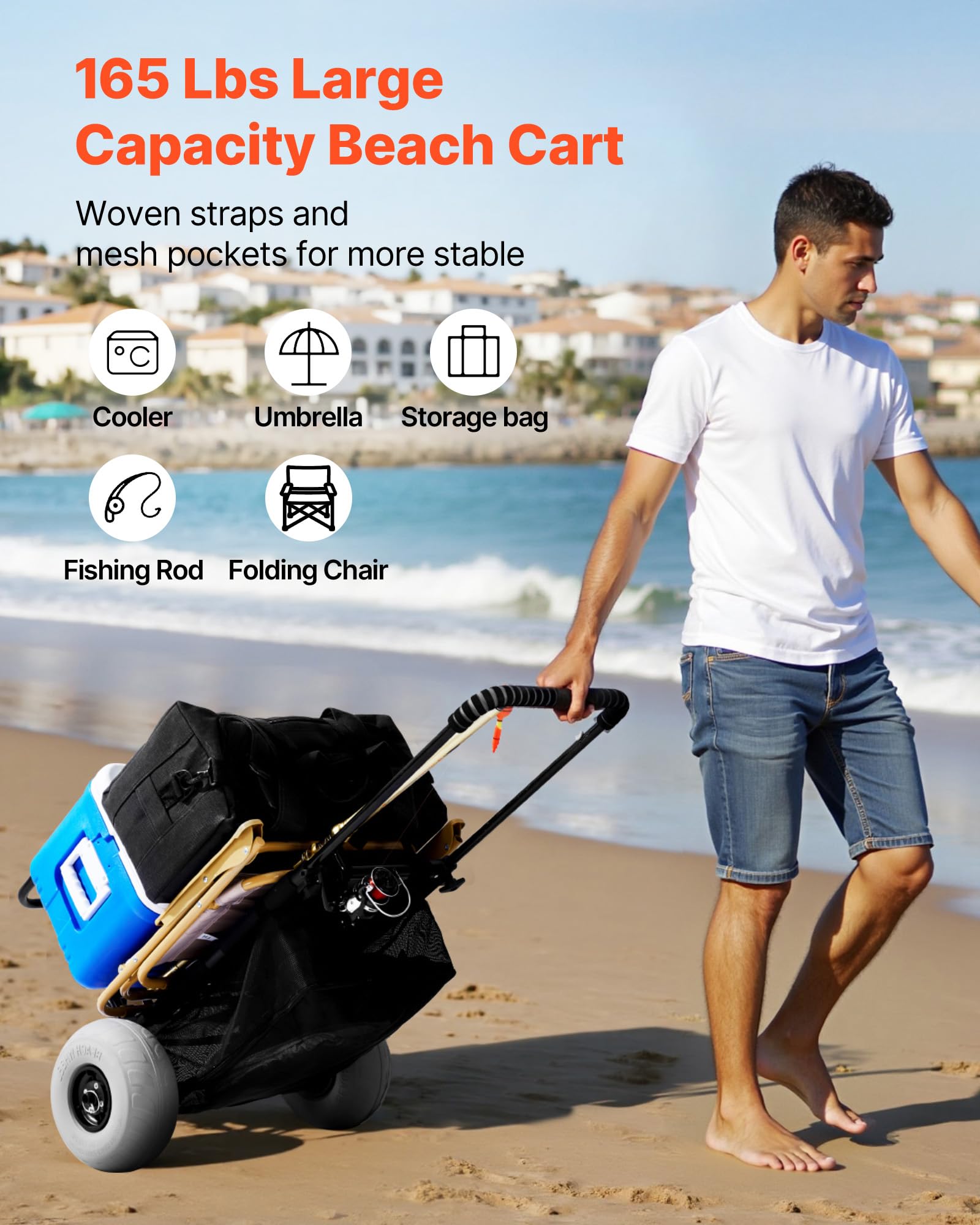 VEVOR Beach Cart deck measures 20.1 x 14.6 inches to hold gear securely.