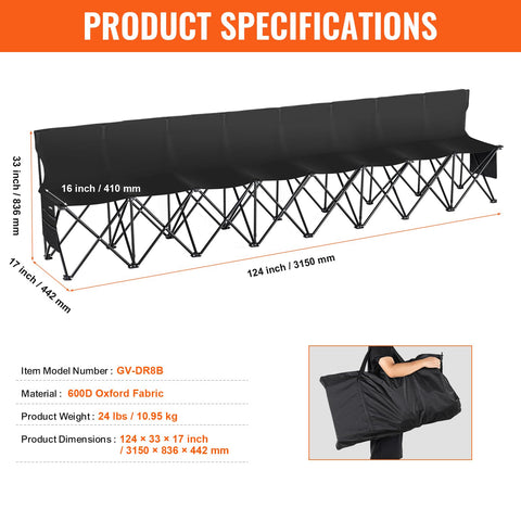 VEVOR black folding bench complements stadiums and outdoor venues.