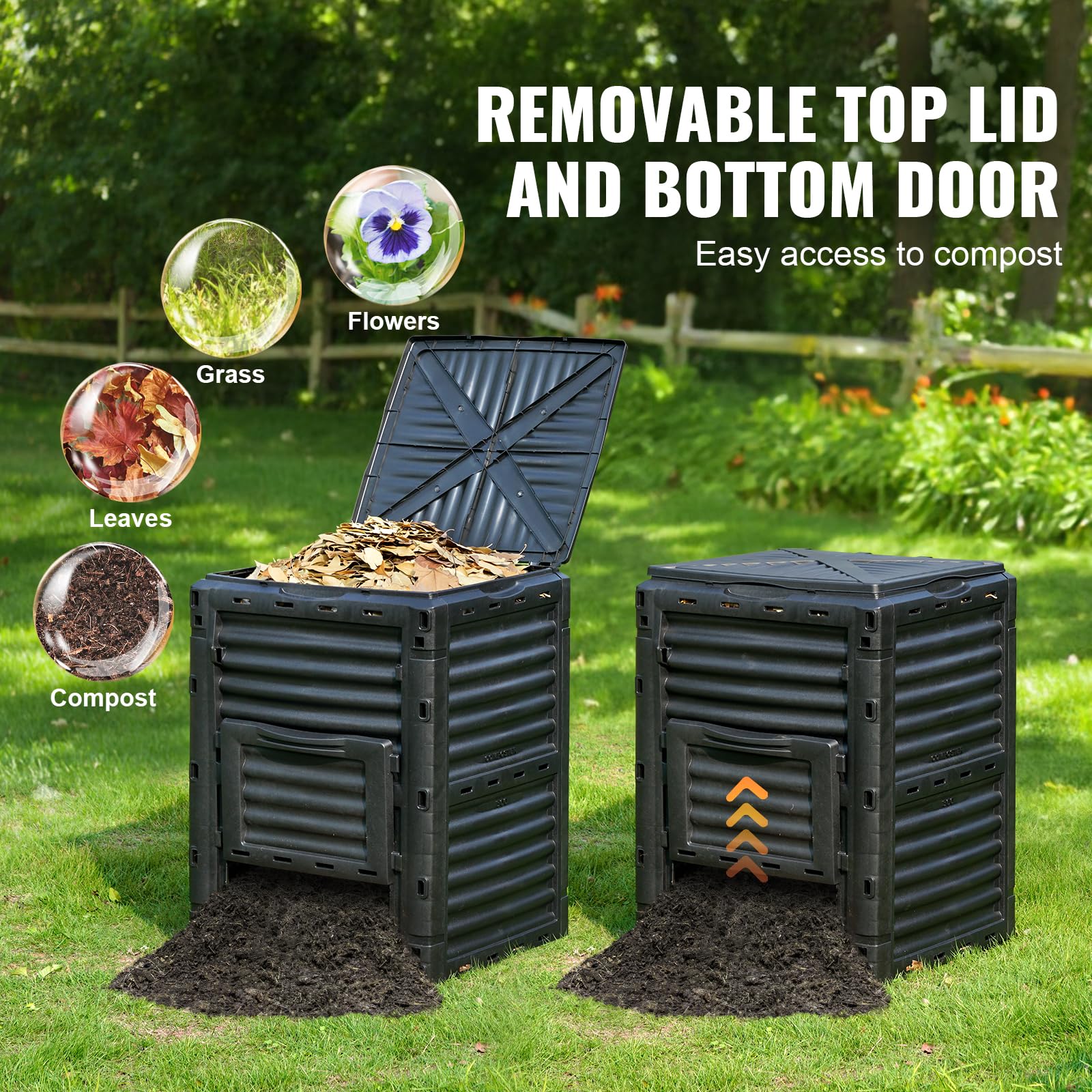 VEVOR BPA-free material detail on durable outdoor compost bin.