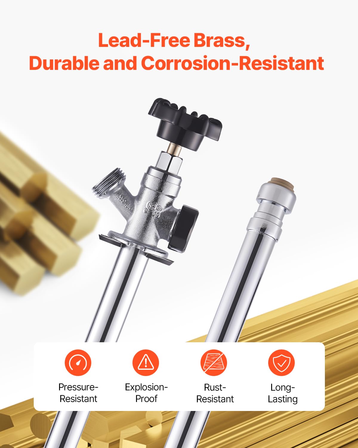VEVOR brass outdoor spigot close-up highlighting durability and corrosion resistance