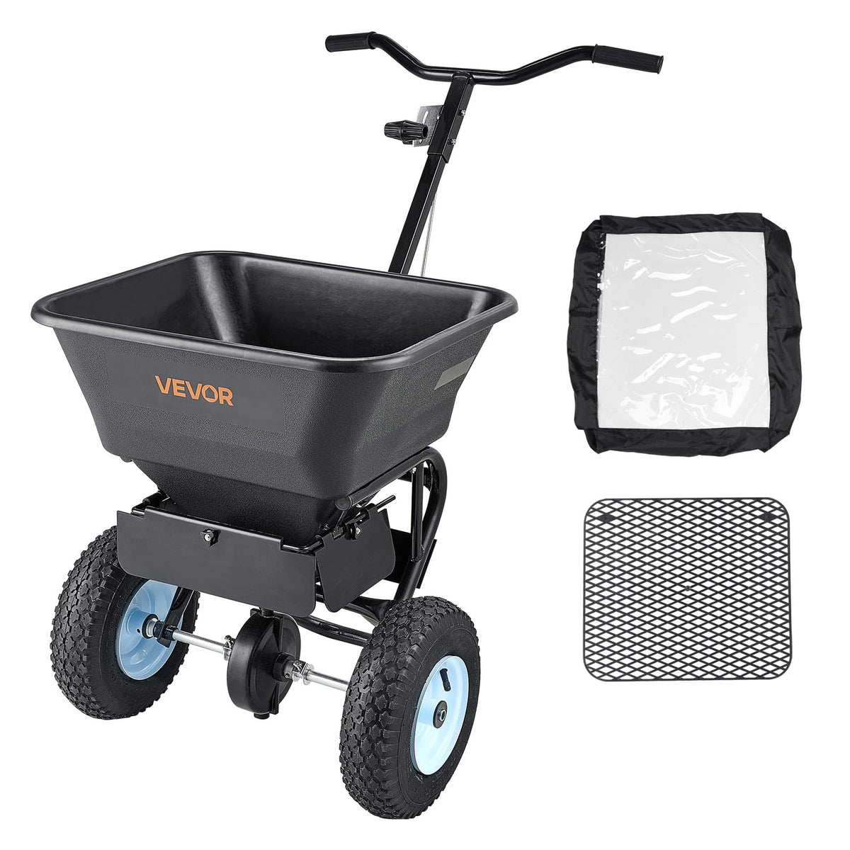 VEVOR broadcast spreader with 100 lb capacity for efficient large-area seeding.