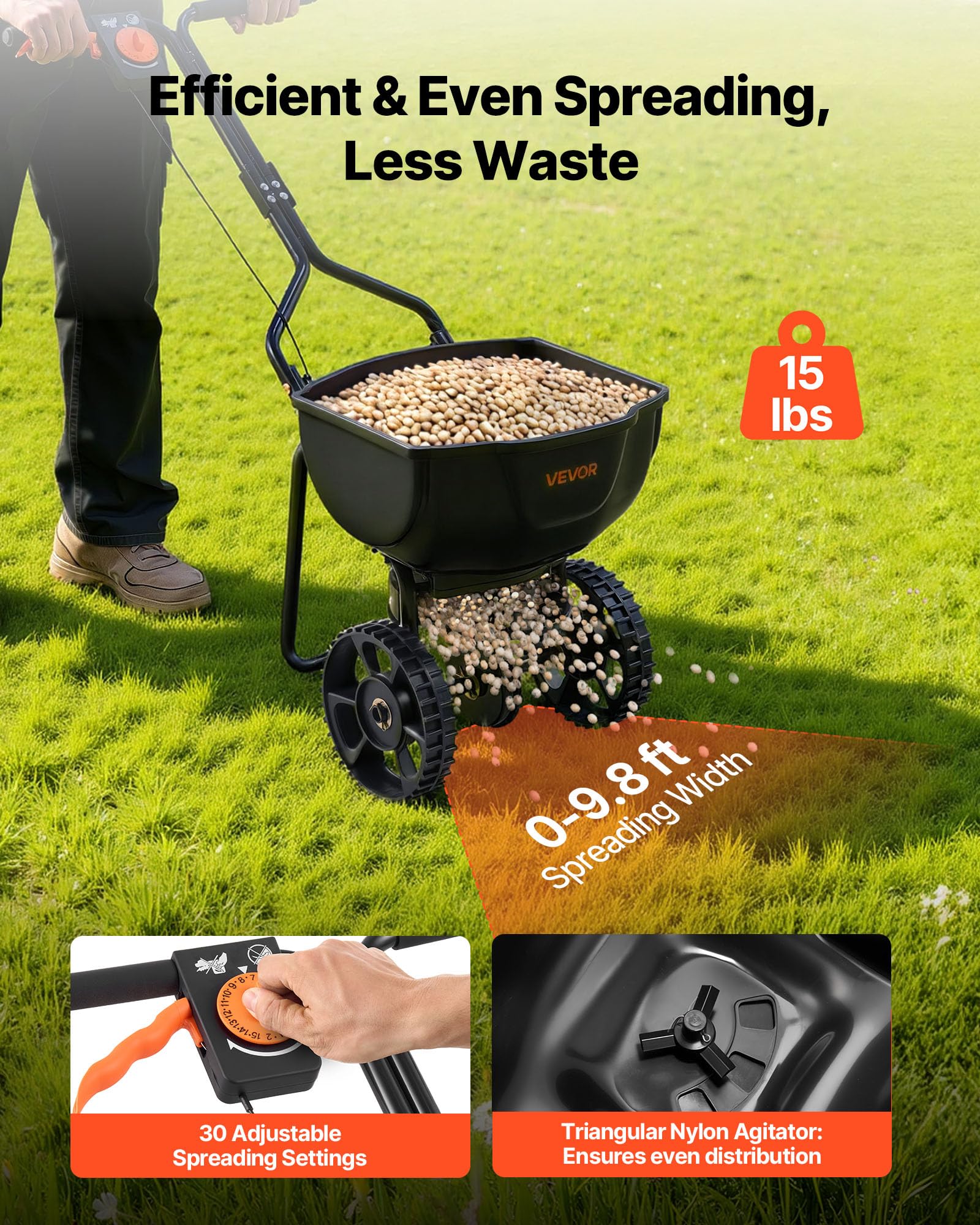 VEVOR Broadcast Spreader with 10-inch tires for steady performance on uneven terrain.