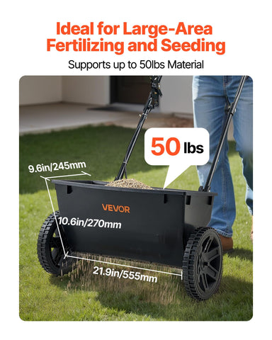 VEVOR 18-inch spread width enables quick, even coverage.