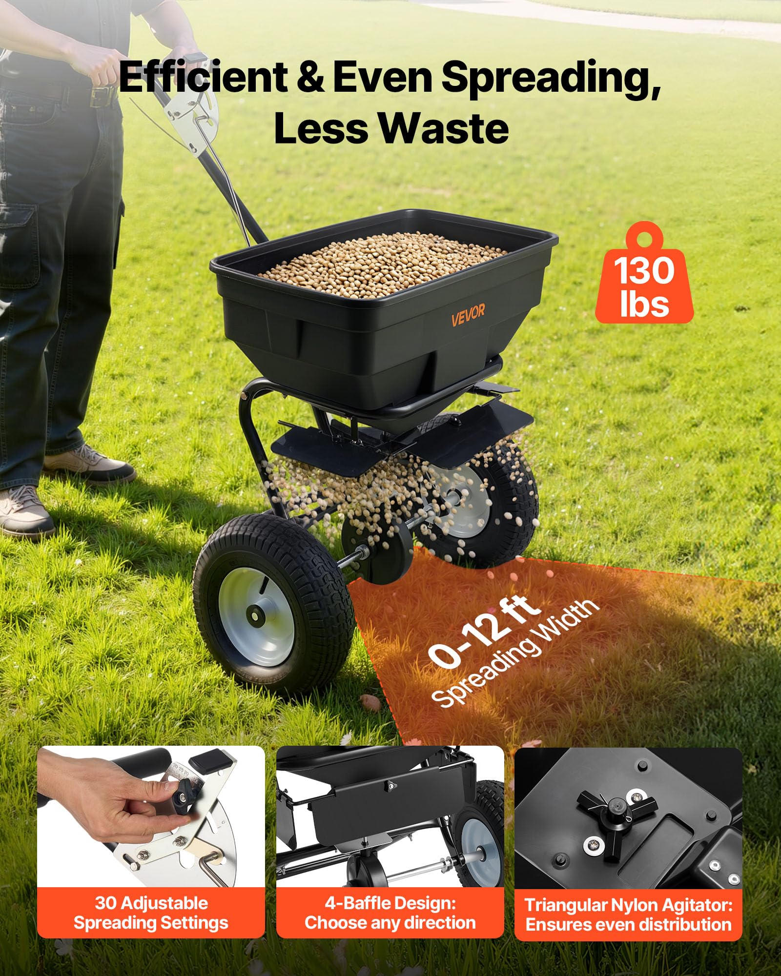 VEVOR spreader showing 30-level settings for precise application control