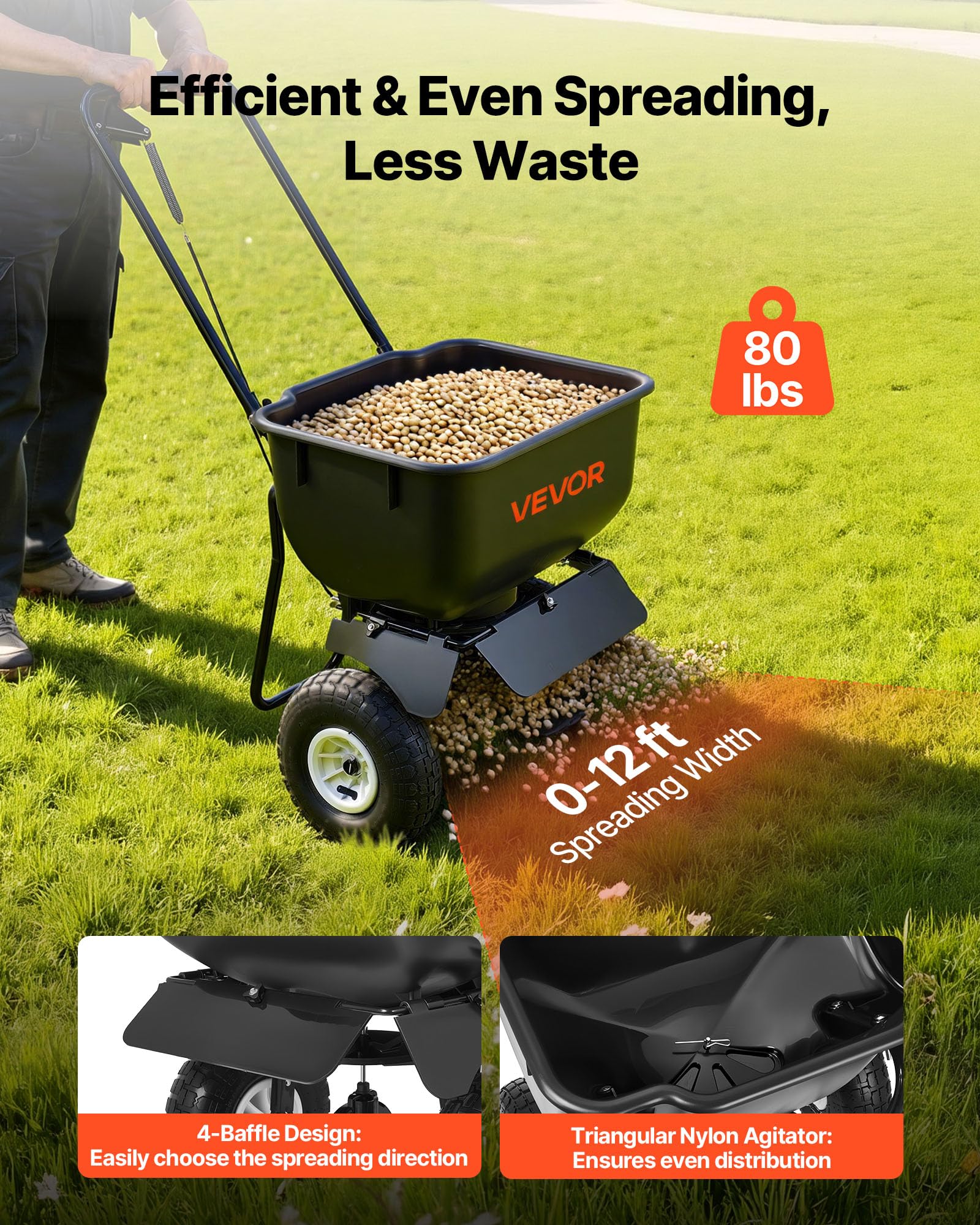 VEVOR broadcast spreader with 80lb hopper for fewer refills during big projects