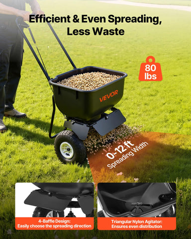VEVOR broadcast spreader with 80lb hopper for fewer refills during big projects