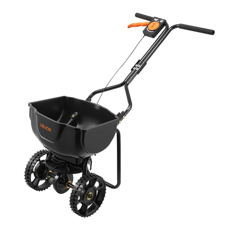 VEVOR Broadcast Spreader demonstrates 9.8 ft wide coverage for precise lawn care.