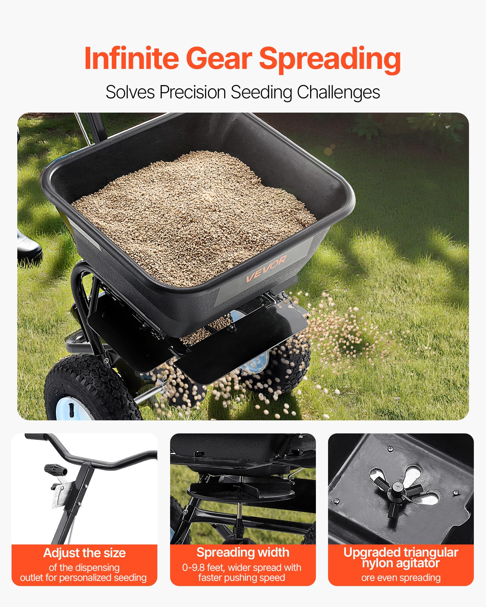 VEVOR broadcast spreader showing adjustable spread width for precise coverage.