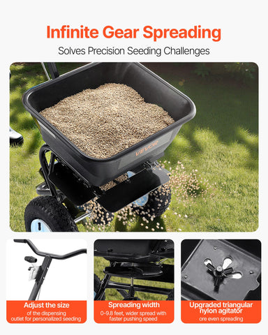 VEVOR broadcast spreader showing adjustable spread width for precise coverage.