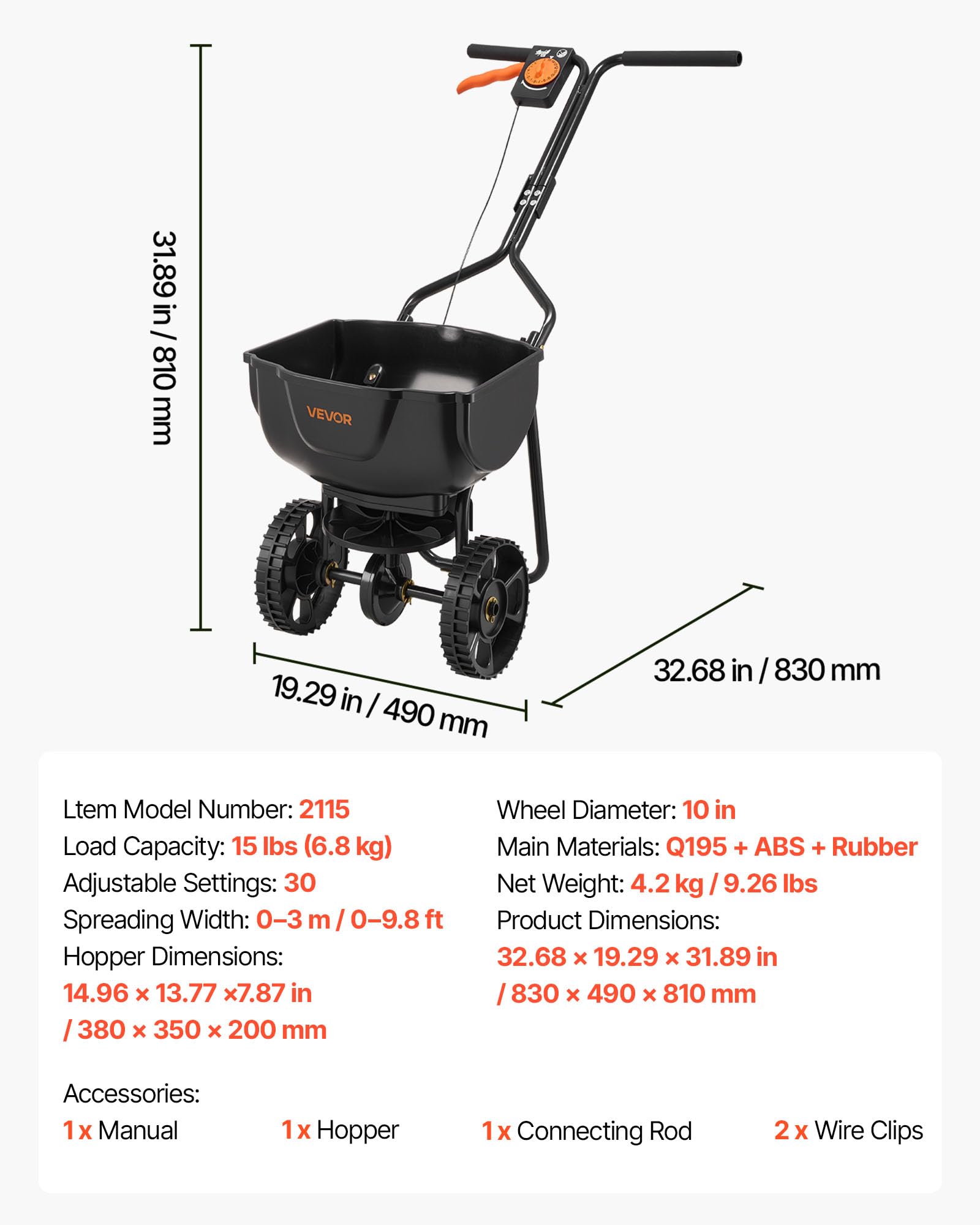 VEVOR Broadcast Spreader designed for all-season use from spring to fall tasks.