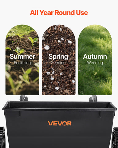 VEVOR all-terrain spreader supports year-round lawn tasks.