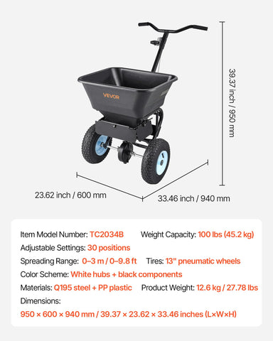 VEVOR spreader featuring durable carbon steel frame and rust-resistant hopper.