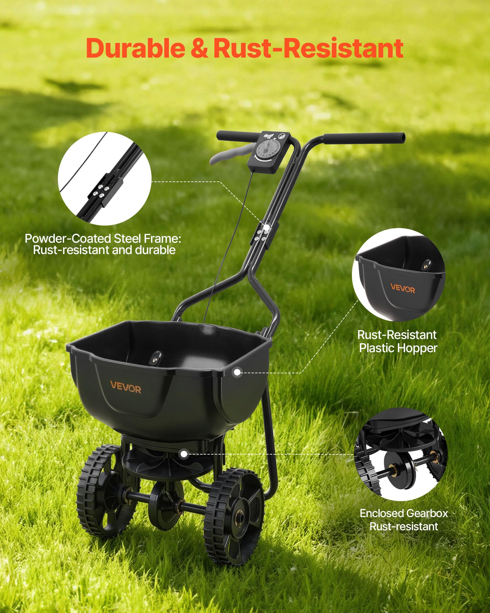 VEVOR Broadcast Spreader shown in easy-assembly setup for quick setup.