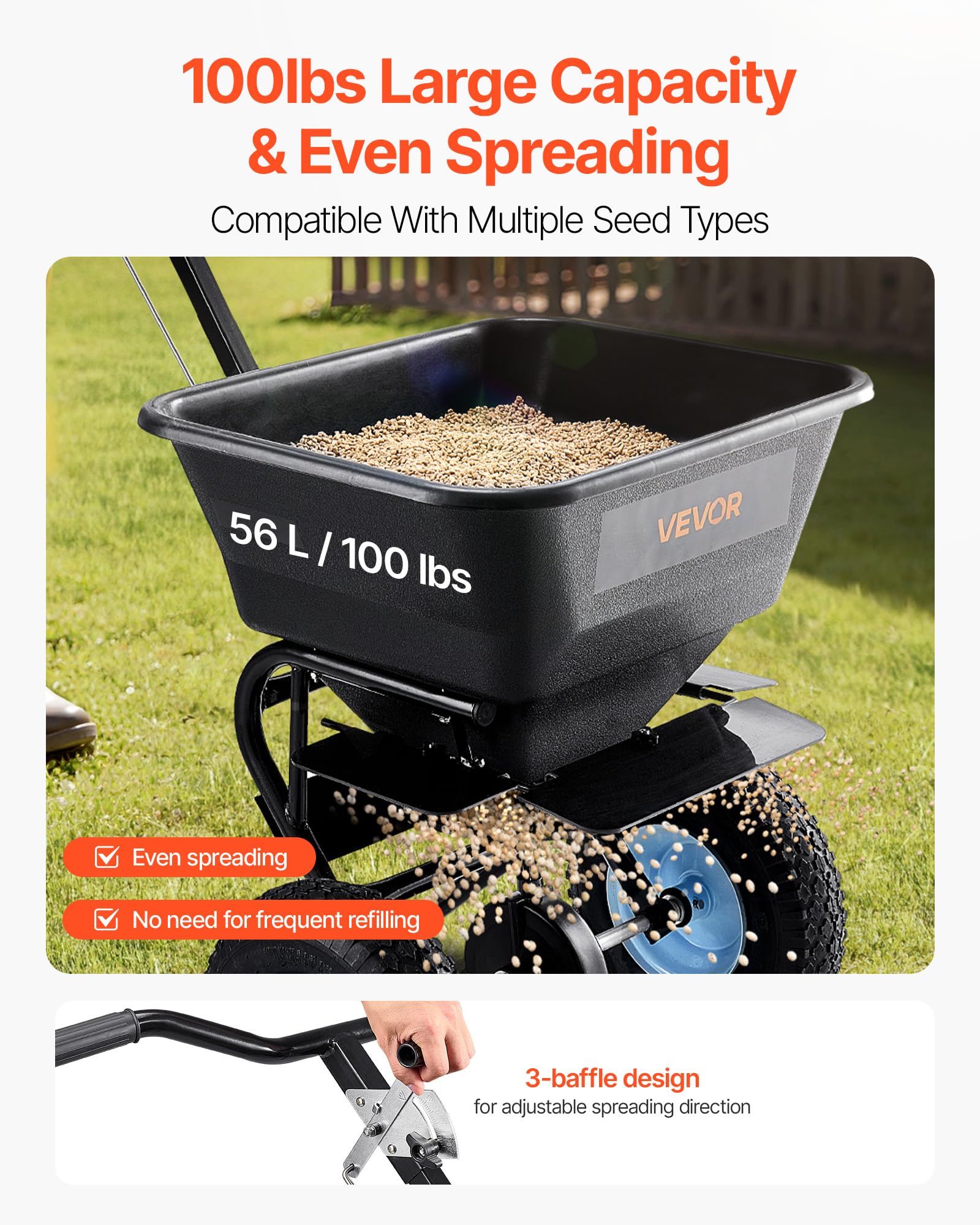 VEVOR spreader hopper grate in use, reducing clogging and ensuring consistent flow.