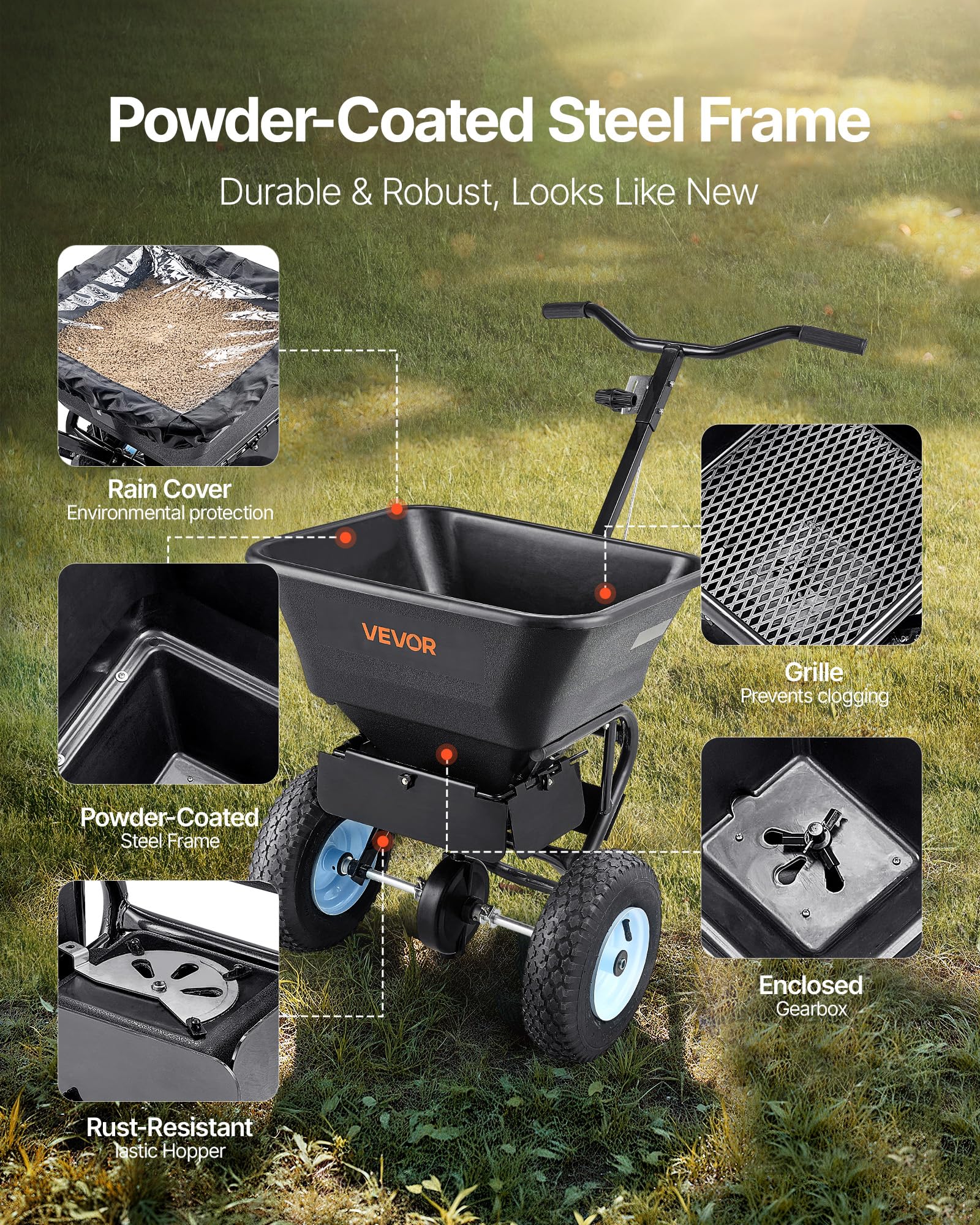 VEVOR spreader with thirty-scale control for accurate seed distribution.