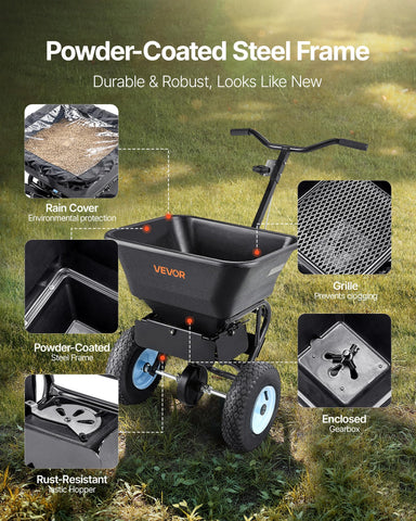 VEVOR spreader with thirty-scale control for accurate seed distribution.