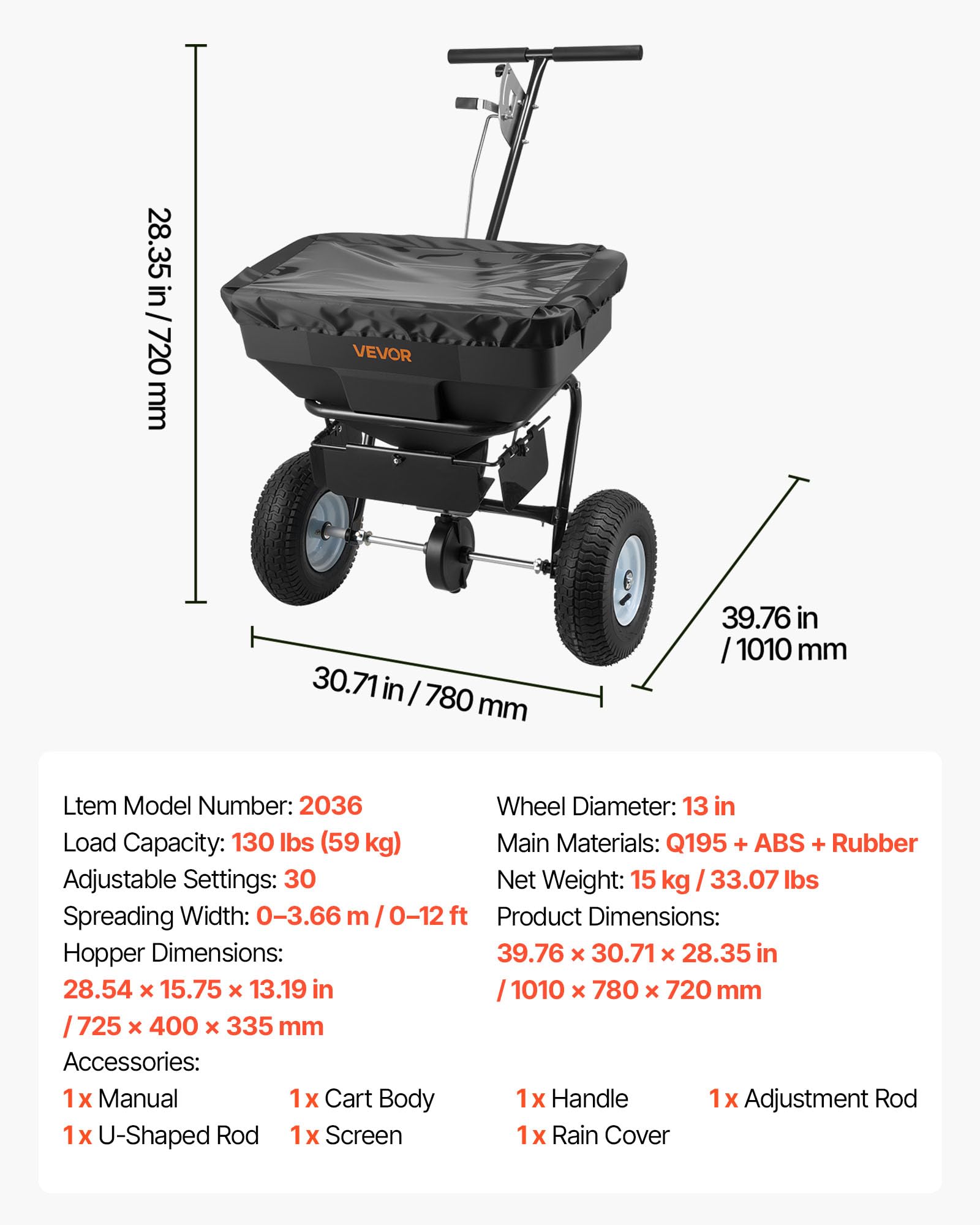 VEVOR spreader with UV-resistant hopper for outdoor use