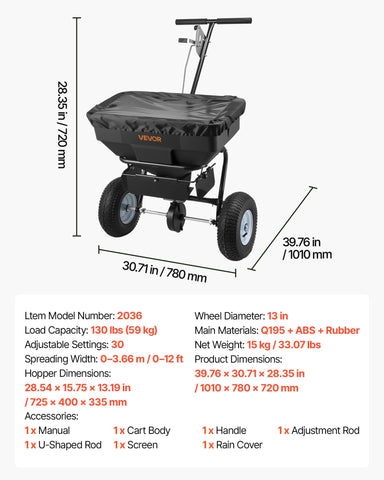 VEVOR spreader with UV-resistant hopper for outdoor use