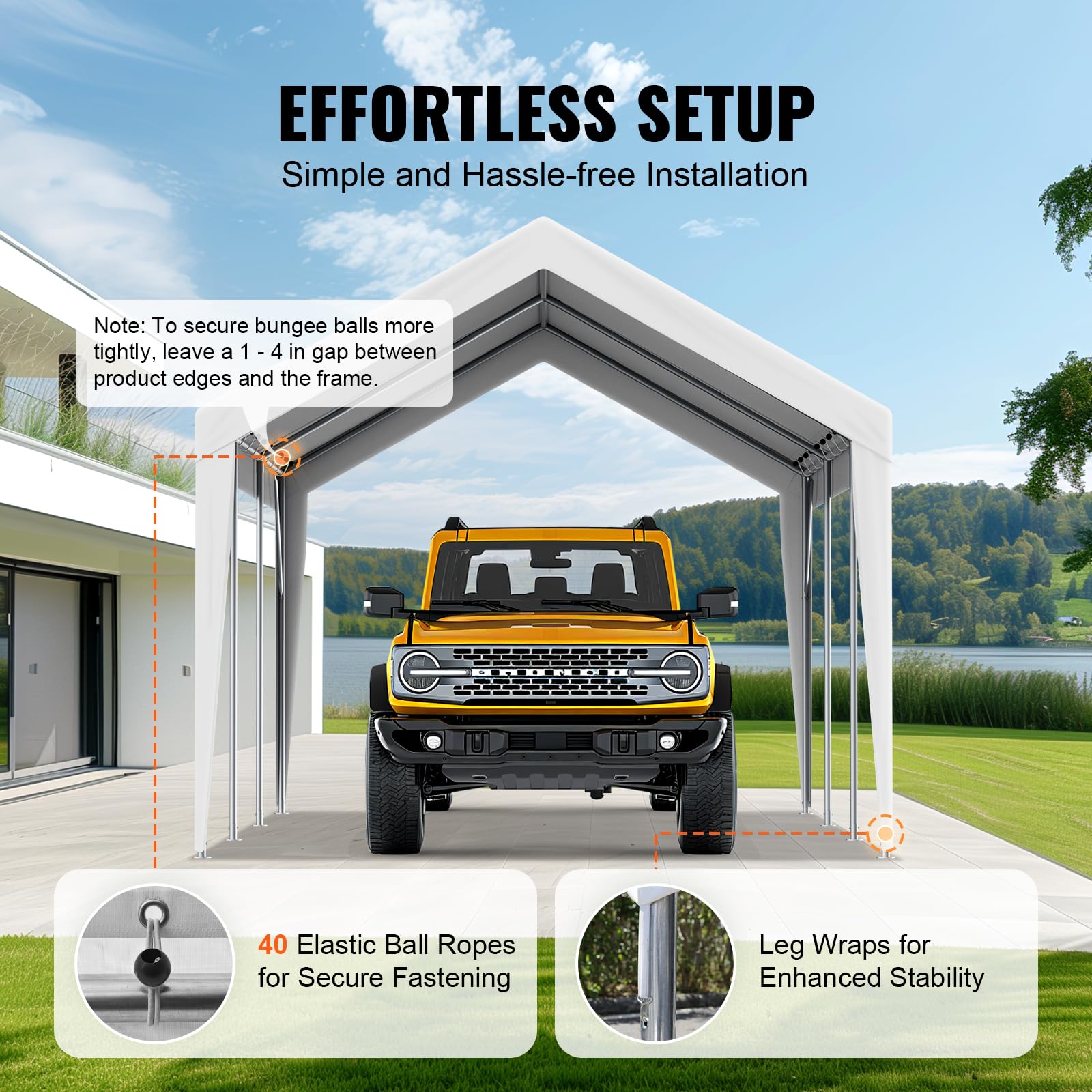 VEVOR sandbags, nails, and ropes illustrate enhanced wind stability during installation.