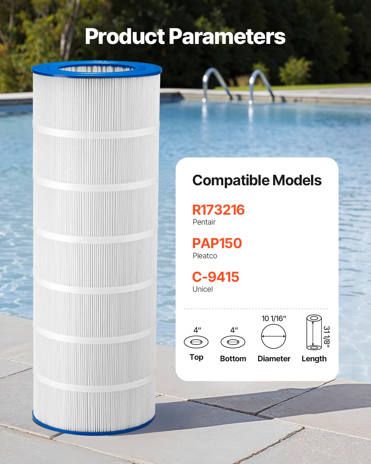 VEVOR CC150 cartridge compatible with Pentair R173216 for reliable filtration.