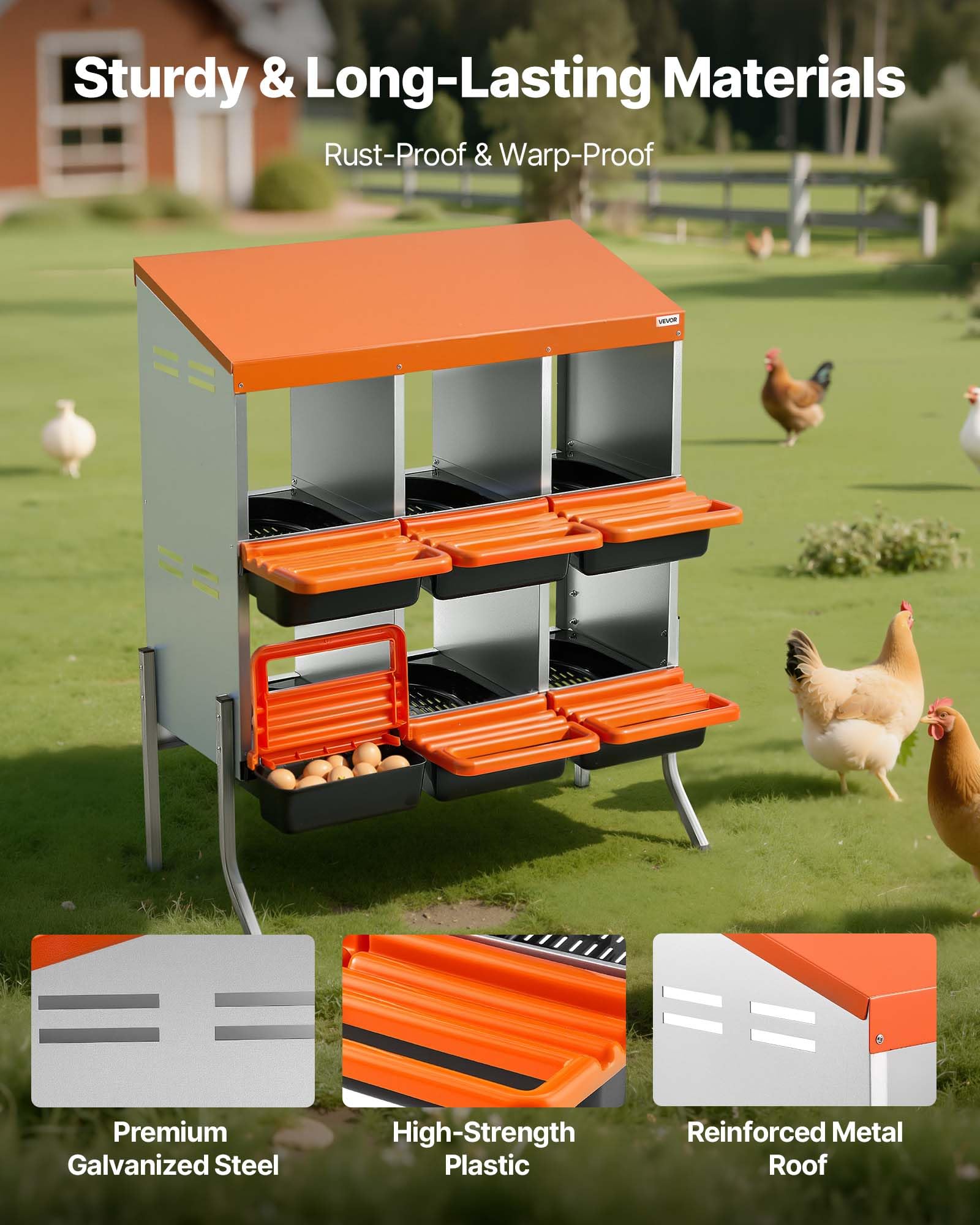 VEVOR chicken nesting box galvanized steel shows durability against pecking and rust.