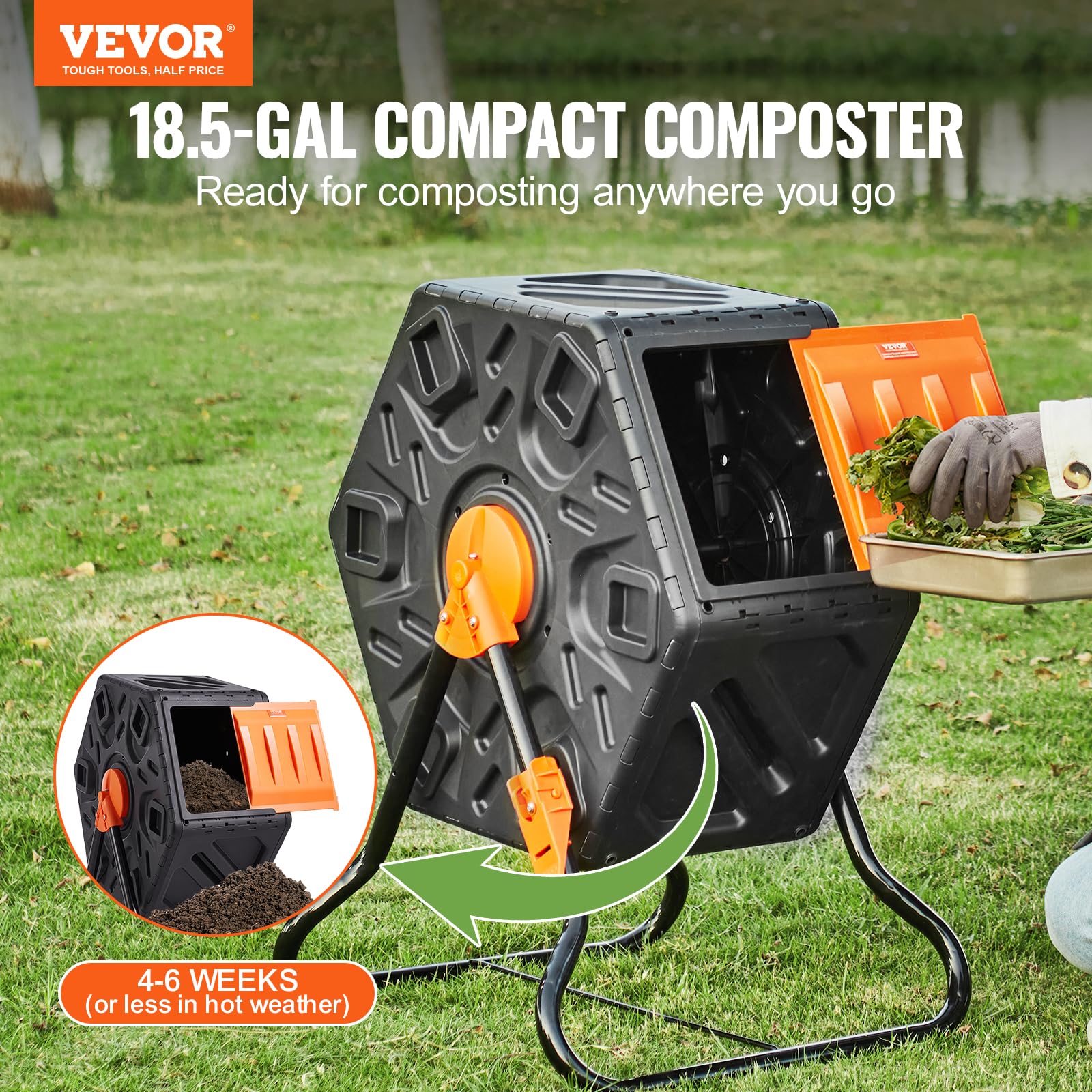 VEVOR compost bin 18-5 gallon side view highlighting space-saving profile for balconies.