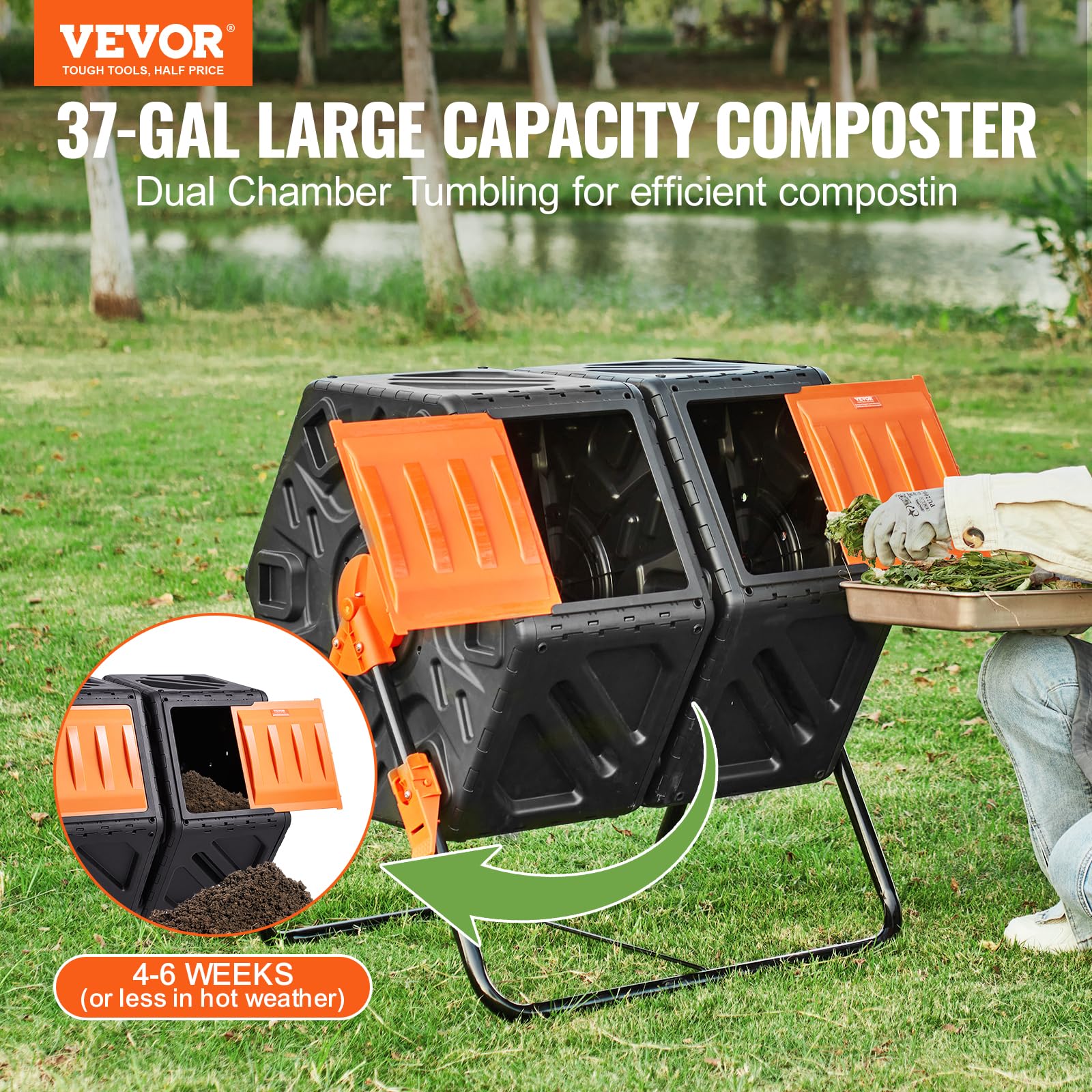VEVOR dual-chamber tumbler in action shows 360° rotation for efficient mixing.